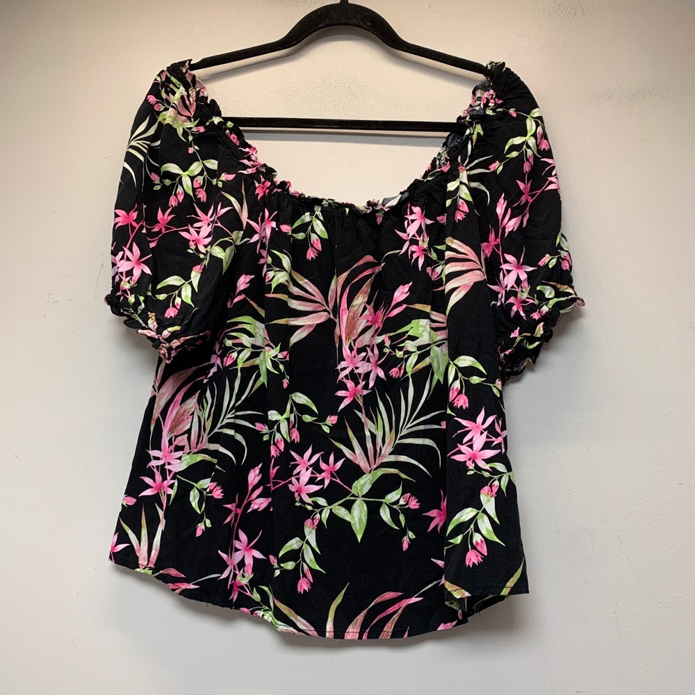 CeCe Blouse Womens Medium Black Pink Floral Excellent‎ Off Shoulder Puff Sleeve